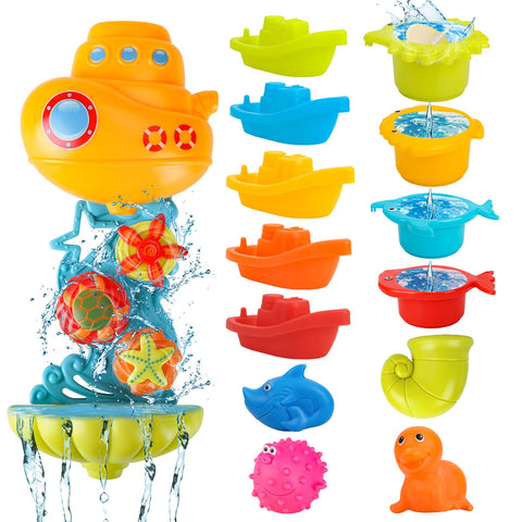 HONYAT Baby Bath Toys, 14Pcs Shower Bath Toys for 1 2 3+ Year Old Boy Girl Toddler Gift Toys Set, Kid Baby Bathtub Submarine Toy with Two Strong Suction Cups, Boats, Sea Animals & Stacking Cups