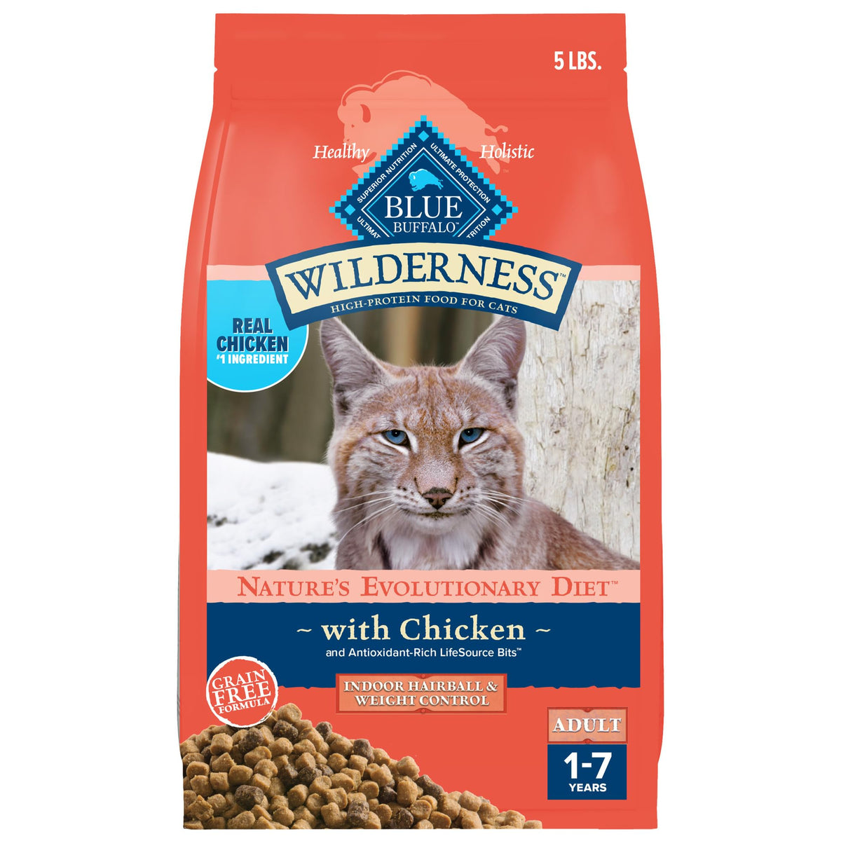 Blue Buffalo Wilderness High Protein, Natural Adult Indoor Hairball & Weight Control Dry Cat Food, Chicken 5-lb