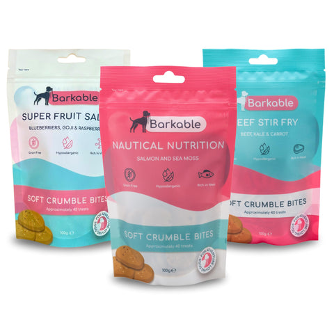 Barkable Discovery Bundle: Grain Free & Hypoallergenic, Healthy Soft Crumble Dog Treats, Variety Set, (Includes Beef, Salmon & Fruit) Pack of 3 x 100g