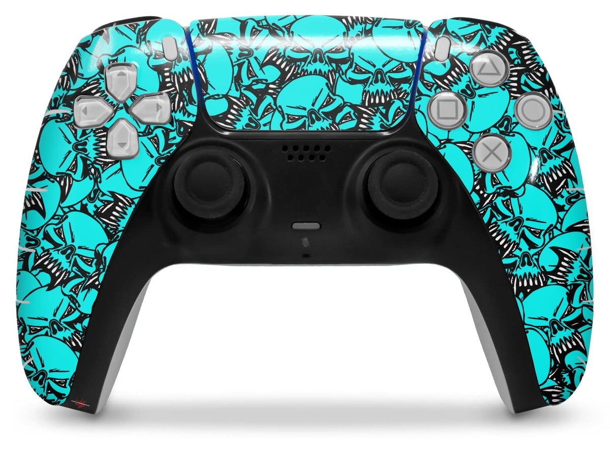 WraptorSkinz Skin Wrap Compatible with Sony PS5 DualSense Controller Scattered Skulls Neon Teal (Controller NOT Included)