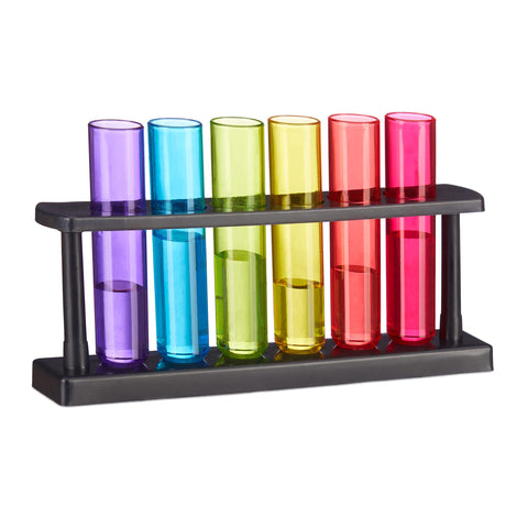 Relaxdays Test Tube Shot Glasses, 6 Playful Glasses with Holder, 4 cl, Colourful Plastic Barware