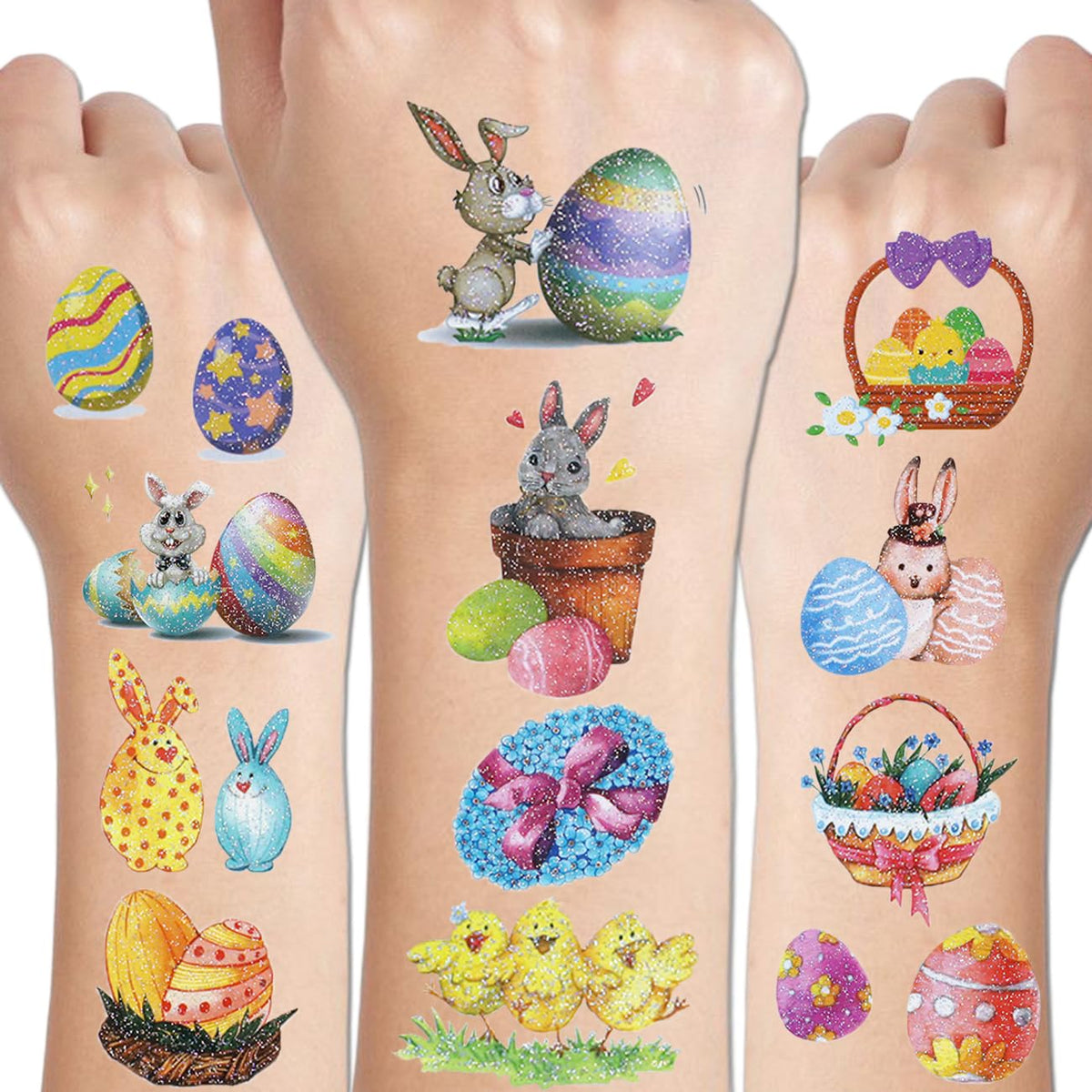 CHARLENT 120 Glitter Styles Easter Temporary Tattoos for Kids - 12 Sheets Glitter Easter Egg Bunny Tattoos for Boys Girls Party Favors Goodie Bag Fillers