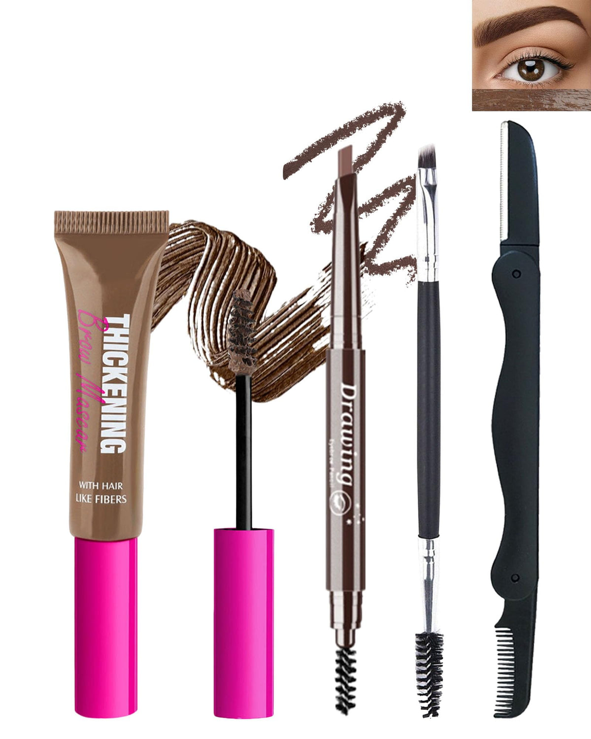 Waterproof Tinted Brow Gel Kit,1 Brunette Tinted Eyebrow Mascara Gel & 1 Eyebrow Pencil Dark Brown,Brow Filler Lift Fast Sculpt Waterproof Eyebrow Gel Glue,Eye Brow Makeup with Brow Razor & Brush-Set6