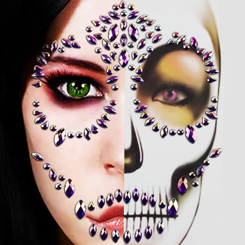 Day of the Dead Skull Face Gems Tattoo Sticker Purple Halloween Rhinestone Face Tattoo for Women Girl, Skeleton Face Stickers Face Jewels Stick on Face Rhinestone for Makeup dia de los muertos 1PCS