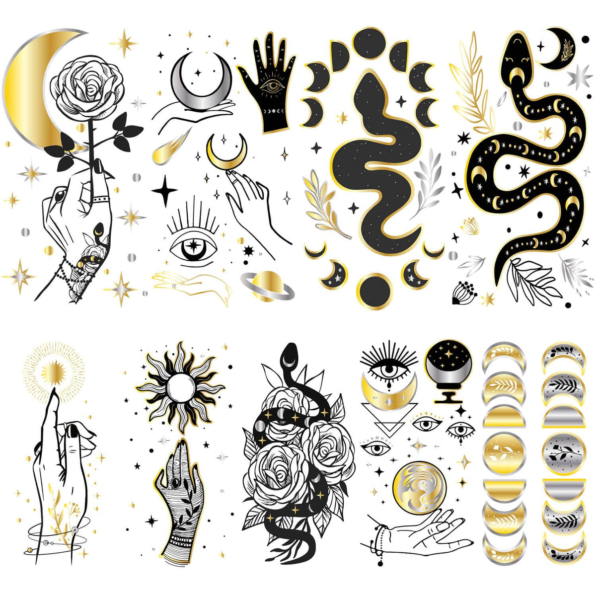 9 Sheets Metallic Gold Silver Black Temporary Tattoo, Hands Face Tattoo Sticker for Men Women, Flower Leaf Space Moon Snake Fingers Designs on Arm Neck Shoulder Clavicle Waterproof