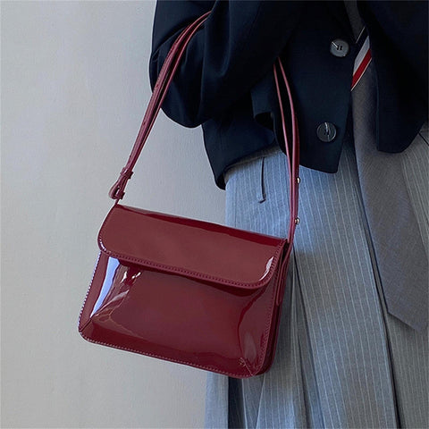 Handbag Retro Patent Shoulder Bag For Women Flap Small Square Bag Fashion Underarm Crossbody Bag Ladies Handbag Purse-Red