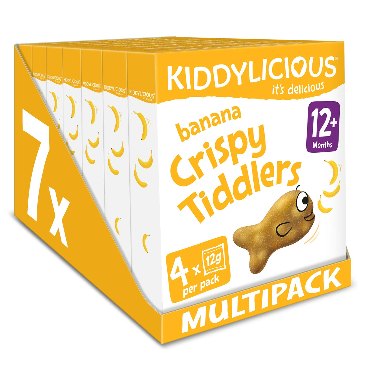 Kiddylicious Banana Crispy Tiddlers - Delicious Real Fruit Treat for Kids - Suitable for 12+ Months - 7 Packs of 4 (28 Total)