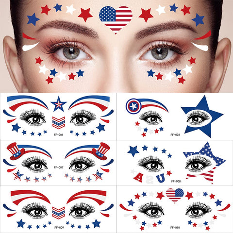 Fourth of July Decorations Face Eye Tattoos USA Flag Star Temporary Tattoos Patriotic Independence Day Temporary Tattoo Stickers Red White and Blue Party Supplies American theme Party Favors 10 Sheets