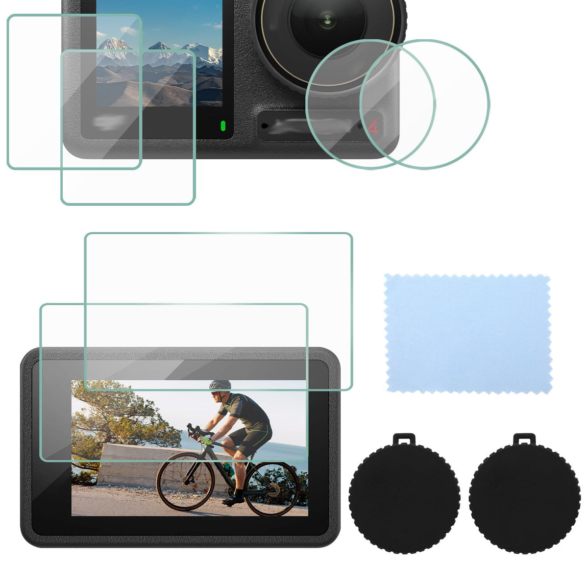 PEUTIER 6pcs Screen Protector for Dji Osmo Action 4, with 2 Lens Cap 9H Hardness Tempered Glass High Transparency Screen Cover Lens Protector Protective Accessories, Prevent Scratches Dust