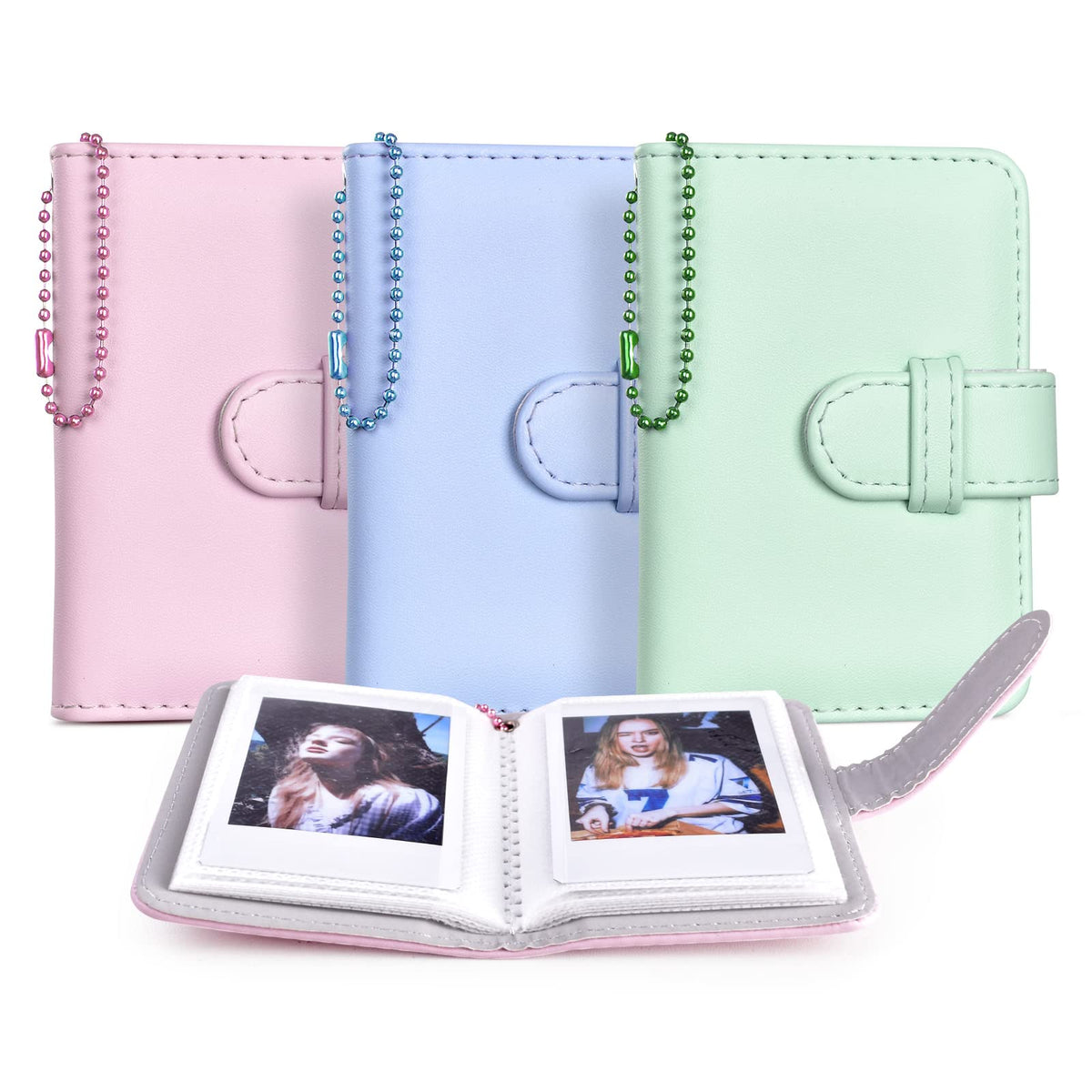 HIYQIN 3 IN ONE - Mini Photo Albums for Instax Mini Film (54 x 86 mm), 2x3 Keychain Photo Album for Fujifilm Instax Mini 12 11 9 8 7s 8+ 99 SE 50s 90 Film - Pink Green Blue