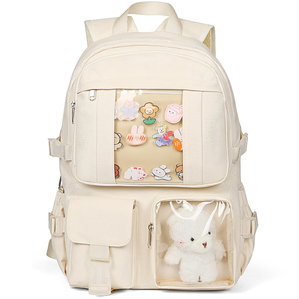 cotmcor Kawaii Backpack for Girls, Cute Aesthetic Backpack for School, Kawaii Bookbag with Pins Accessories and Pendant, Beige