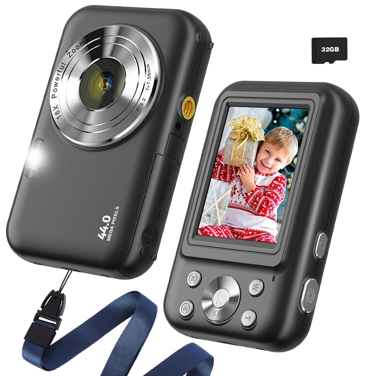 Digital Camera, FHD 1080P Digital Camera for Kids Teens, 44MP Point and Shoot Camera with 32GB Card 16X Zoom Anti Shake, Digital Camera with Fill Flash, Compact Small Kids Camera for Kids Boys Girls