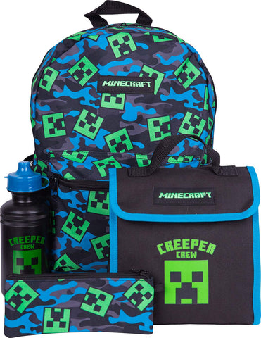 Kids Minecraft Backpack 4 Piece School Set Including Lunch Bag, Water Bottle and Pencil Case