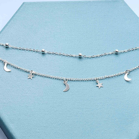 Yheakne Boho Star Moon Necklace Choker Silver Layered Star Choker Necklace Crescent Moon Necklace Celestial Necklace Chain Festival Jewelry for Women and Girls (Silver)