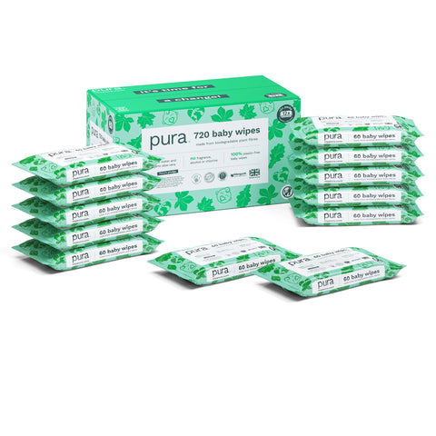 Pura Eco Friendly Baby Water Wipes 12 x 60 per pack, (720 Wet Wipes) 100% Plastic Free, 99% Water, Biodegradable, Compostable, Vegan Monthly Pack, Suitable for Sensitive & Eczema Prone Skin