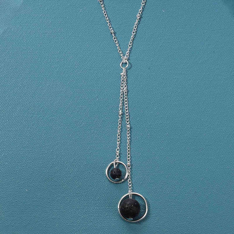 Yheakne Boho Lava Stone Necklace Chain Silver Layered Chain Y Necklace Lava Bead Lariat Necklace Anxiety Essential Oil Diffuser Necklace Jewelry for Women and Girls