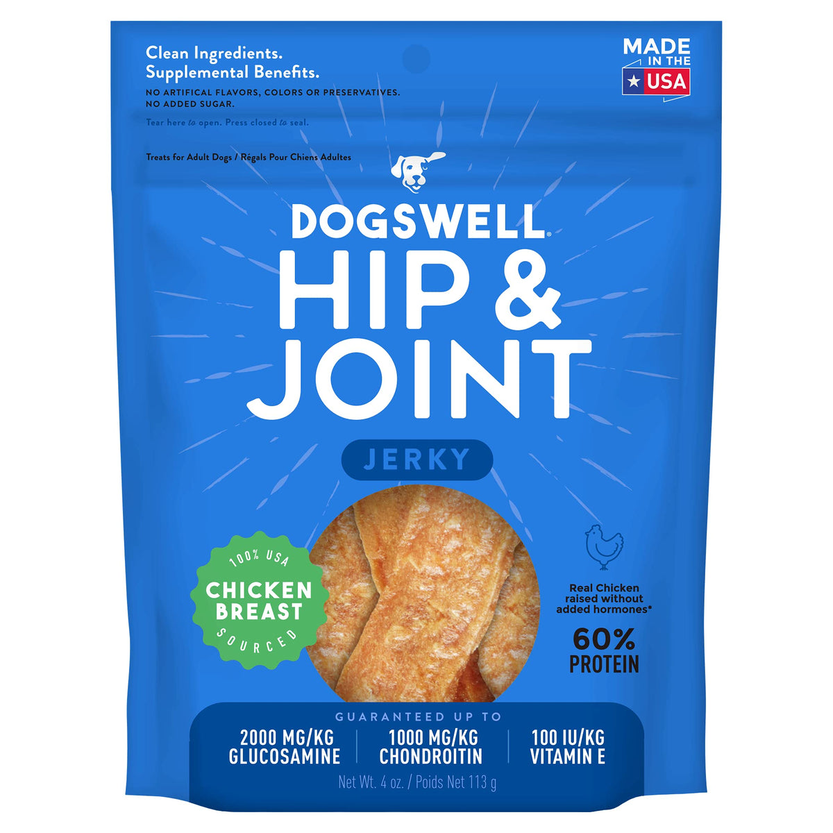 DOGSWELL Jerky Hip and Joint Dog Treats Grain Free Made in USA Only, Glucosamine and Chondroitin, 4 oz Chicken (842193)