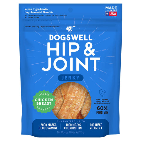 DOGSWELL Jerky Hip and Joint Dog Treats Grain Free Made in USA Only, Glucosamine and Chondroitin, 4 oz Chicken (842193)