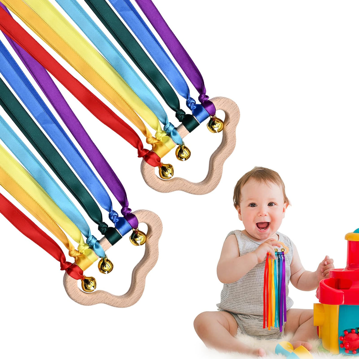 Roontin Baby Wooden Rainbow Ribbon Ring Toys - 2-Pack Teething Sensory Toy for Infants and Toddlers V2