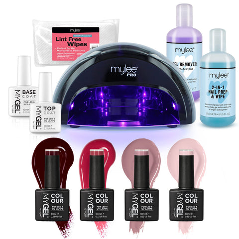 Mylee Complete Professional Gel Nail Polish LED Lamp Kit, 4x MYGEL Colours, Top & Base Coat, Mylee PRO Salon Series Convex CuringÂ® LED Lamp, Prep & Wipe, Gel Remover (Black Lamp)