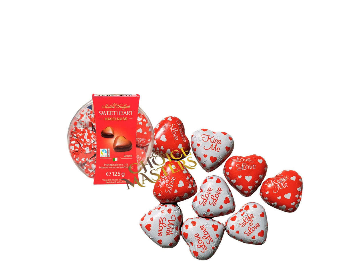 Valentine Heart Gift | Exquisite Kiss Me/Love Heart Pralines Individually Wrapped Foiled Chocolate Small Gift Box with Velvety Hazelnut Cream Filling - 125g