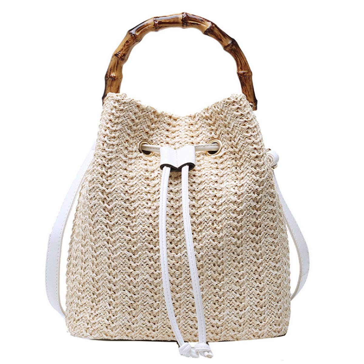 Buddy Small Drawstring Shoulder Bag Straw Weave Handbag Summer Beach Purse, Off-white, M