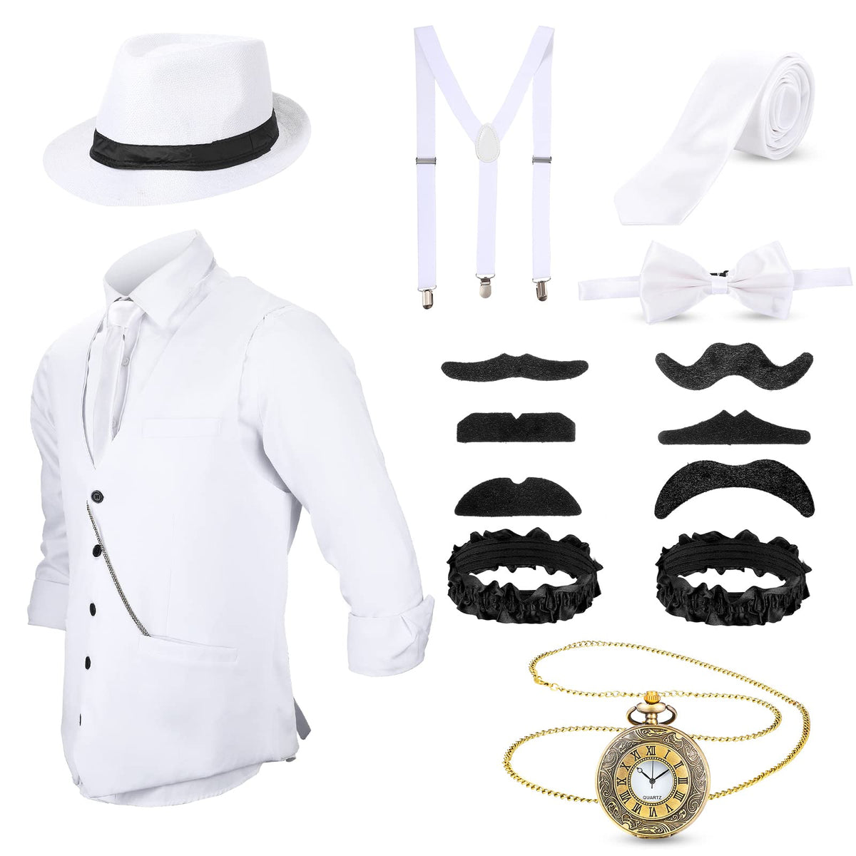 SATINIOR 1920s Mens Costume Roaring Outfit with 20s Gangster Vest Hat Pocket Watch Suspenders(Small,White)