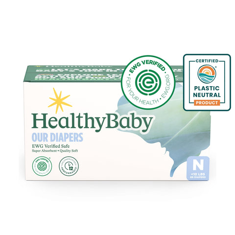 HealthyBaby Our Newborn Diapers | EWG Verified Safe & Plant-Based Diapers | Absorbent for Leak Protection | Soft Organic Cotton Shell | Chlorine-Free Diaper for Sensitive Skin | Size N (66 Diapers)