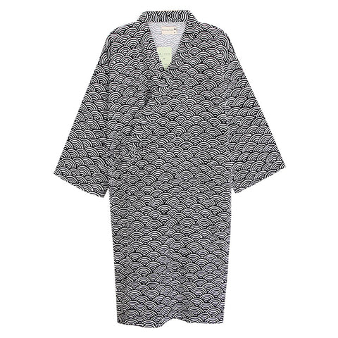 Unisex Kimono Robe Sleepwear Cotton Khan Steamed Bathrobe Yukata Nightgown All Season Pajamas Men Robe Clothes, BlACK WAVE, L