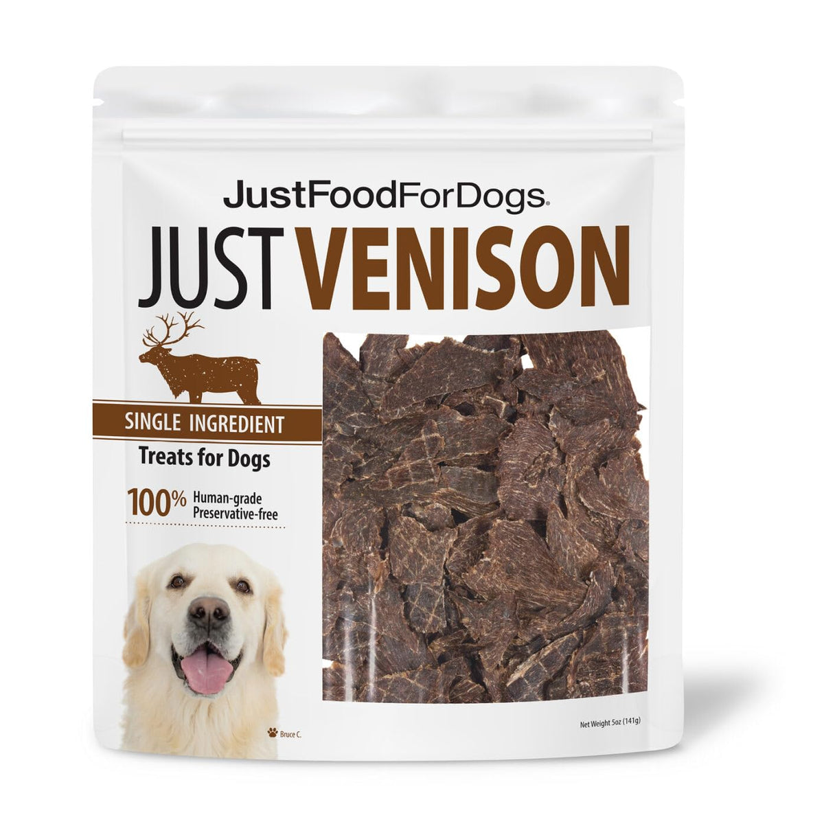 JustFoodForDogs Venison Dog Treats, Single-Ingredient Healthy Dog Treats, Made in The USA, 5 oz