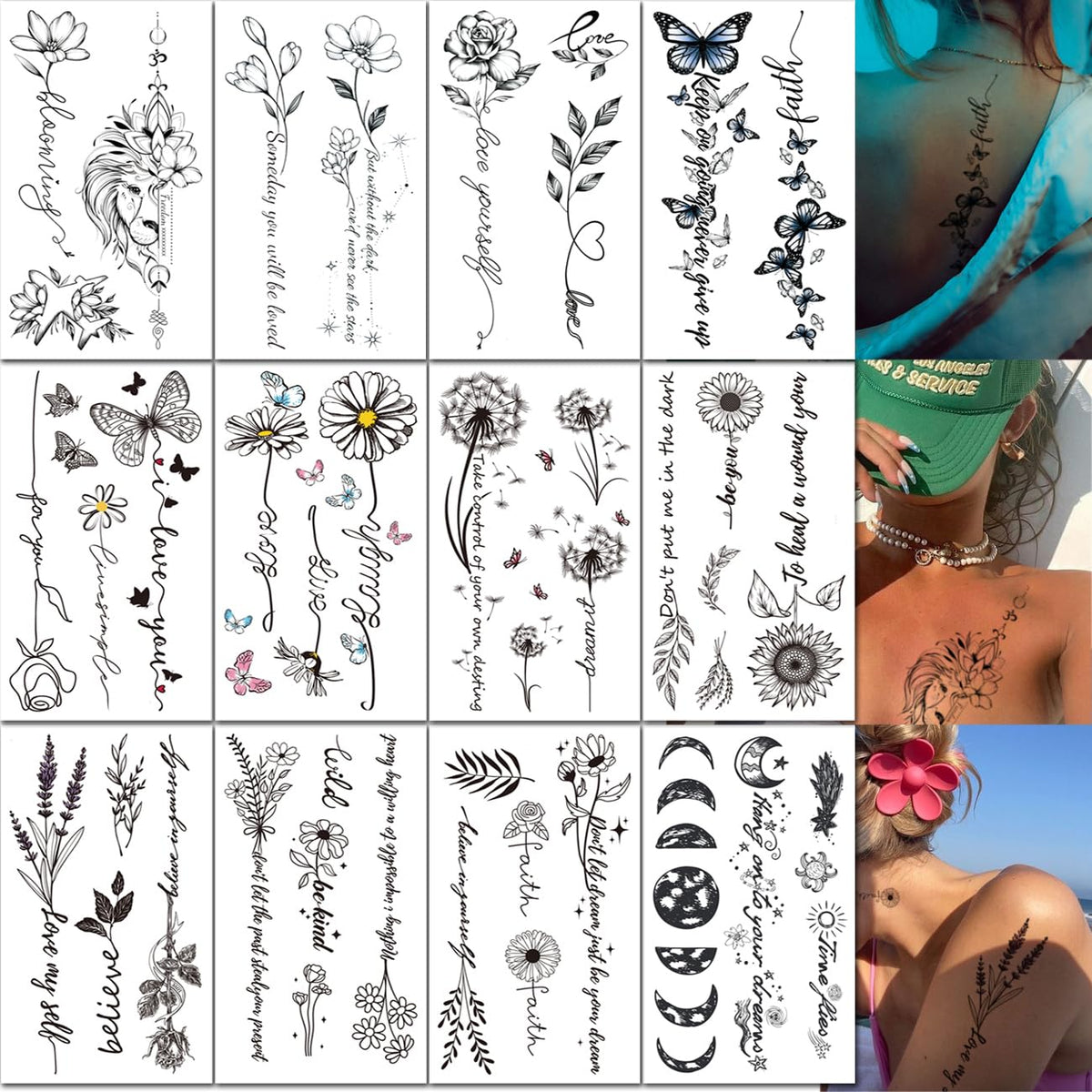 CHARLNET Flower Words Temporary Tattoos for Women Girls - Long Last Waterproof Realistic Black Sexy Temporary Tattoos for Women Body Art Arm Back