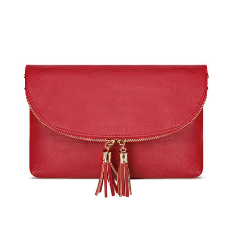 Solene Women's Envelop Clutch Crossbody Bag With Tassels Accent (WU075-Red)