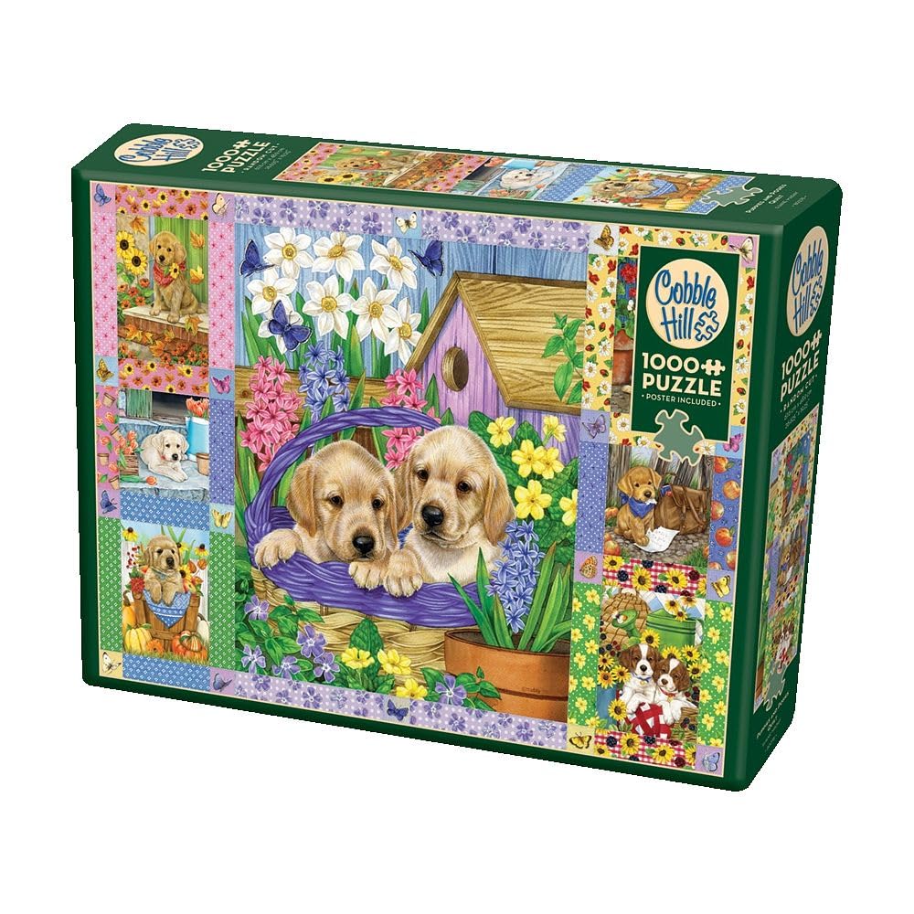 Cobble Hill 1000 Piece Puzzle - Puppies and Posies Quilt - Sample Poster Included