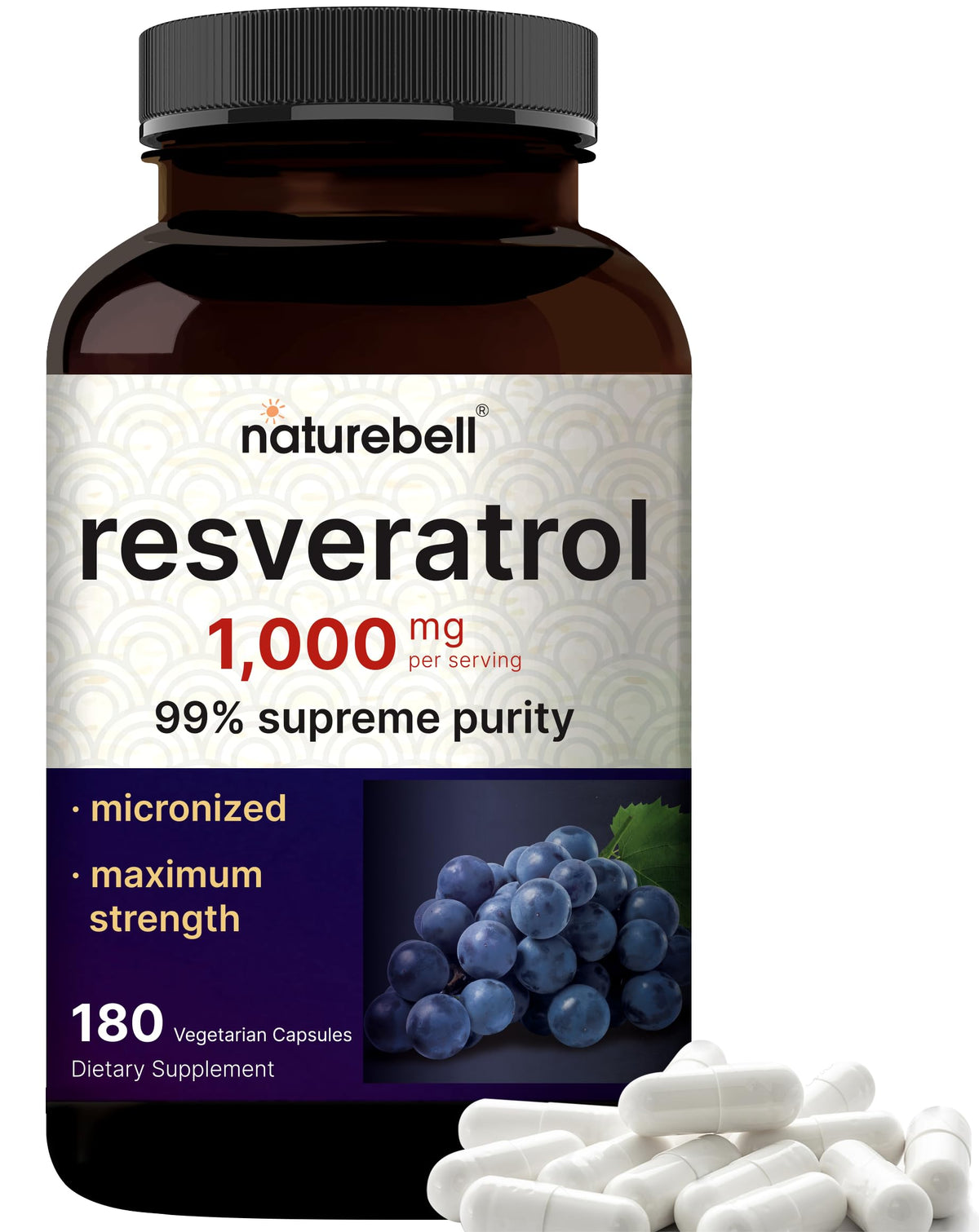 NatureBell Resveratrol Supplement 1000mg Per Serving, 180 Veggie Capsules, 99% Pure Trans-Resveratrol, Antioxidant for Healthy Aging, Brain & Heart Support - Non-GMO