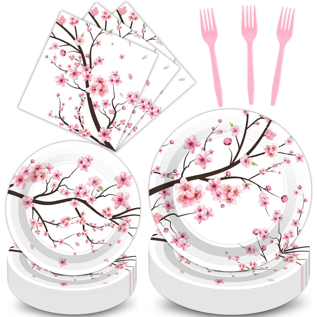 Qyeahkj 100 PCS Cherry Blossom Party Supplies Set Cherry Blossom Plates and Napkins Birthday Party Tableware Packs Decorations Cherry Blossom Disposable Paper Plates Napkins Forks Serve 25 Guests