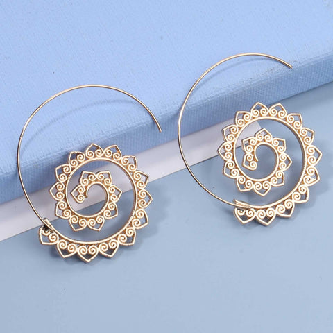 Yheakne Bohemia Mandala Spiral Earrings Gold Vortex Gear Earrings Exaggerated Hoop Earrings Large Circular Swirl Earrings Indian Tribal Earrings Jewelry for Women and Girls