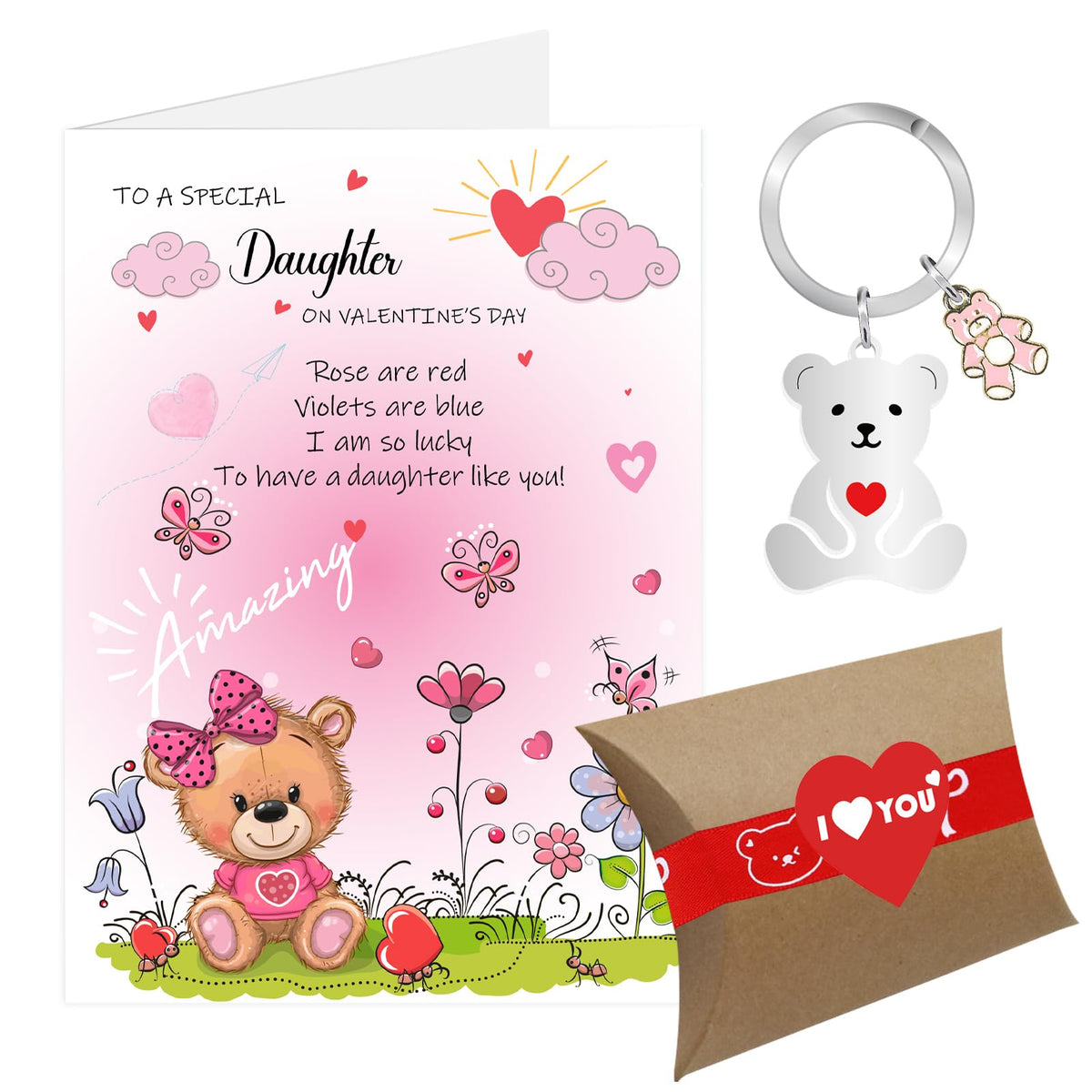 Valentines Card for Daughter, Valentines Day Daughter Gifts, Wife Valentines Card from Dad Mum with Envelope, Valentine's Day Keyring Gifts for Daughter with Gift Box (Daughter)