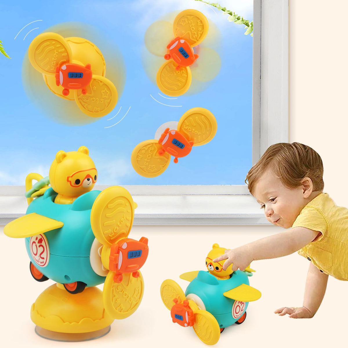 JoyPlus Suction Cup Spinner Toys 6+ Months, High Chair Baby Toys with Suction Cups, Windows Spinner Toys for Baby, Baby Sensory Spinner Toy Release Anxiety Travel Toys (Green Fighting Bear)