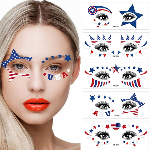 Fourth of July Decorations Face Eye Tattoos USA Flag Star Temporary Tattoos Patriotic Independence Day Temporary Tattoo Stickers Red White and Blue Party Supplies American theme Party Favors 10 Sheets