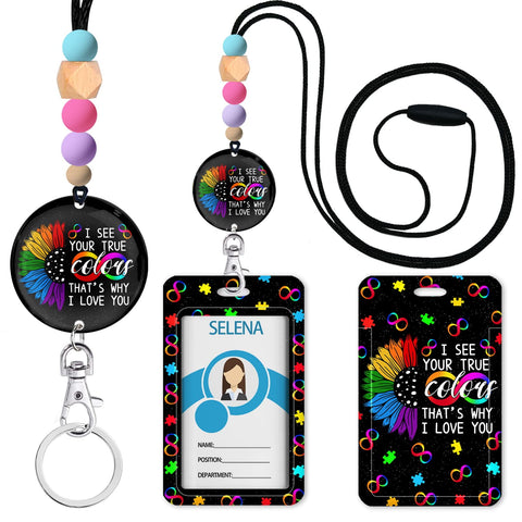 Autism Lanyards for ID Badges and Keys, ID Badge Holder with Silicone Beaded Lanyard, Lanyard Keychain for Women, Teacher, Nurse, Office Name Tag Badge Holder ID Card Holder, Breakaway Badge Lanyard