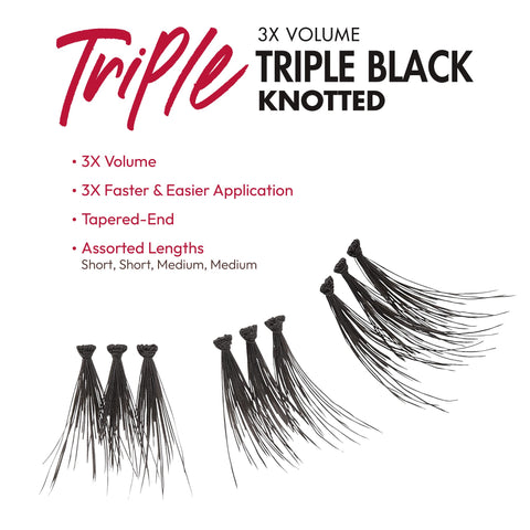 iENVY False Eyelashes Triple Black Knotted Individual Trio Lashes 3X Volume Reusable Eyelash Clusters (S/M)