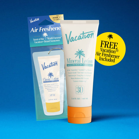 Vacation Mineral Lotion Sunscreen SPF 30 + Air Freshener Bundle, Premium Zinc Sunscreen For Sensitive Skin, Hydrating + Lightweight Mineral Based Sunscreen, Dermatologist Tested, 3.4 fl. Oz.