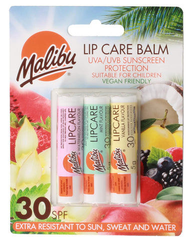 Malibu Sun SPF 30 Lip Balm Sunscreen, Watermelon, Mint and Vanilla, 3 x 5g