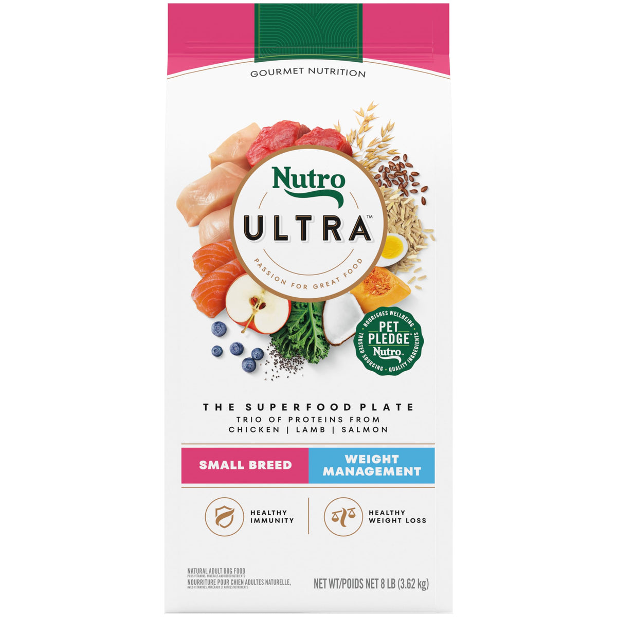 NUTRO ULTRA Adult Weight Management High Protein Natural Small Breed Dry Dog Food for Weight Contol with a Trio of Proteins from Chicken, Lamb and Salmon, 8 lb. Bag