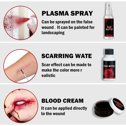 CAHIUYOA Halloween SFX Makeup Kit,Fake Wound Special Effects Makeup Kit,Scars Wax,Fake Blood Gel,Fake Blood Spray,Spatula, Stipple Sponge,Scar Water