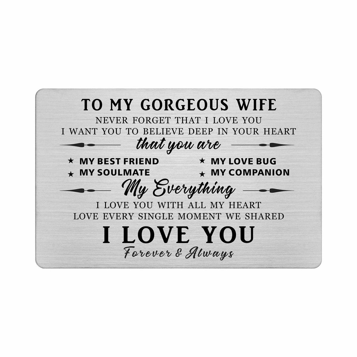 FALOGI Wife Valentines Day Card, To My Gorgeous Wife Gifts Engraved Wallet Card, Wife Birthday Card, Anniversary Card for Her, I Love You Gifts for Her, Valentines, Mothers Day