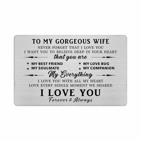 FALOGI Wife Valentines Day Card, To My Gorgeous Wife Gifts Engraved Wallet Card, Wife Birthday Card, Anniversary Card for Her, I Love You Gifts for Her, Valentines, Mothers Day