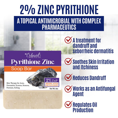 Pyrithione Zinc Soap Bar for Face & Body, 4oz | 2% ZnP Bar Soap Skin Repair Cleanser for Acne, Rosacea, Eczema, Dermatitis, Psoriasis, Itching | Cleansing, Calming Zinc Facial Wash Made in USA