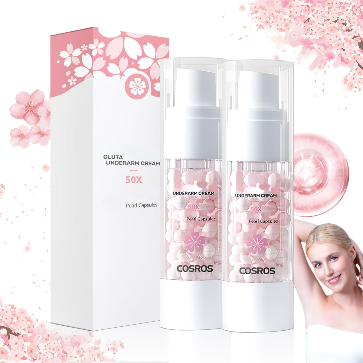 YOUSHEME Sakura Gluta Brightening Booster Cream, Sakura Gluta Brightening Underarm Cream, Brightening Booster Pearl Capsules, Body Care Cream, Exfoliating Body Gel For Women(2PCS)