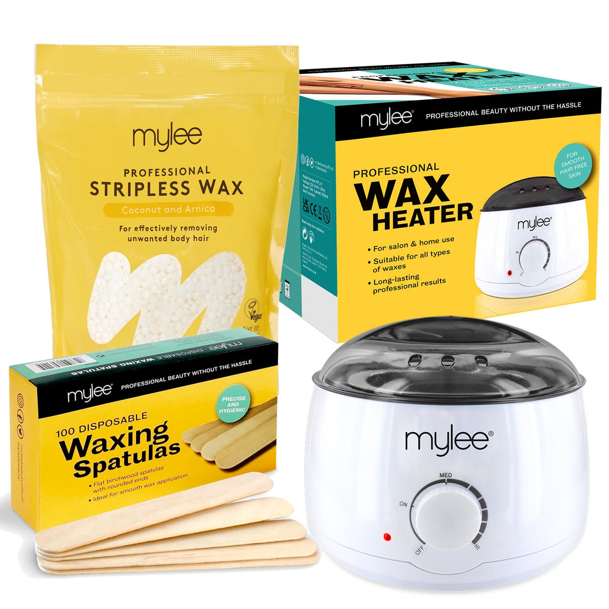 Mylee Professional Waxing Kit with Wax Heater, Hard Wax Beads 500g, Spatulas - Stripless Depilatory Waxing Pellets Solid Film Beans No Strip Needed (Coconut & Arnica)